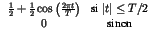 $\displaystyle \begin{array}{cc}
\frac{1}{2}+\frac{1}{2}\cos \left( \frac{2\pi t}{T}\right) & \textrm{si }\vert t\vert\leq T/2\\
0 & \textrm{sinon}
\end{array}$