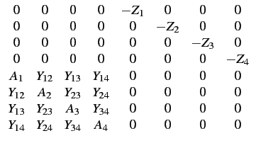 $\displaystyle \begin{array}{cccccccc} 0 & 0 & 0 & 0 & -Z_{1} & 0 & 0 & 0  0 &...
... & 0 & 0 & 0 & 0  Y_{14} & Y_{24} & Y_{34} & A_{4} & 0 & 0 & 0 & 0\end{array}$