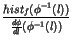 $\displaystyle {\frac{hist_{f }(\phi ^{-1}(l) )}{\frac{d\phi }{dl}(\phi ^{-1}(l))}}$